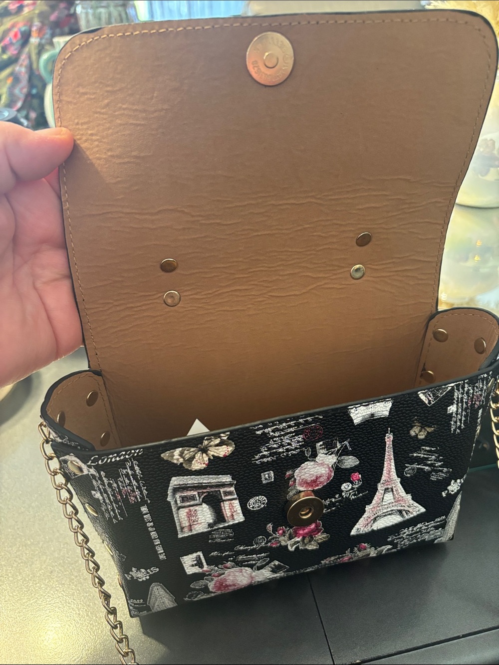 Black Paris Print Top-Handle Crossbody Bag with Gold Hardware - Picture 9 of 12